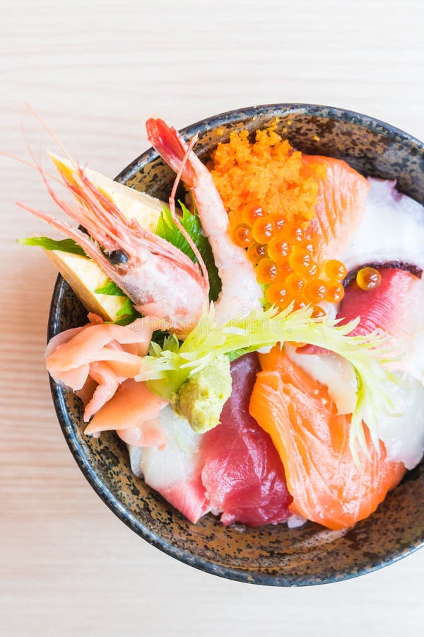 Japanese Rice Bowl with Sashimi Seafood on Top Stock Image Image of