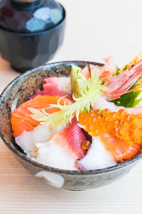 Japanese Rice Bowl with Sashimi Seafood on Top Stock Image Image of