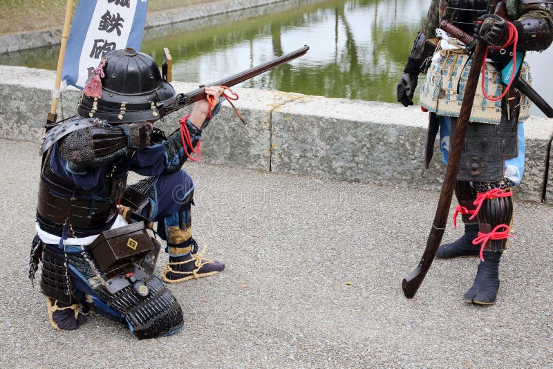 Japanese samurai clothing uniform with old rifle