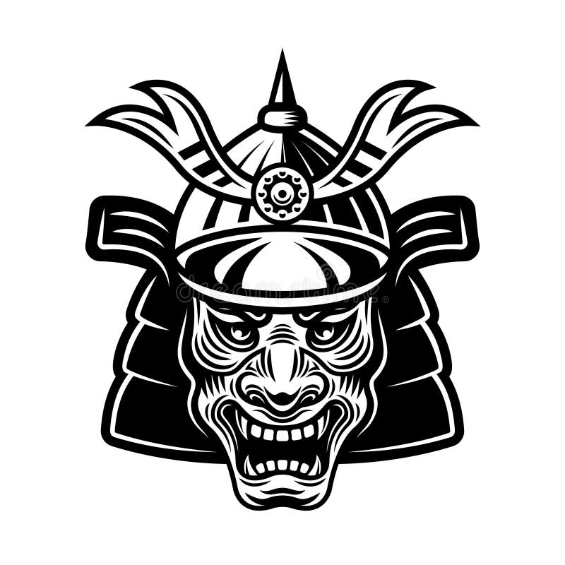 Japanese Samurai Warrior Mask in Helmet Vector Monochrome Illustration ...