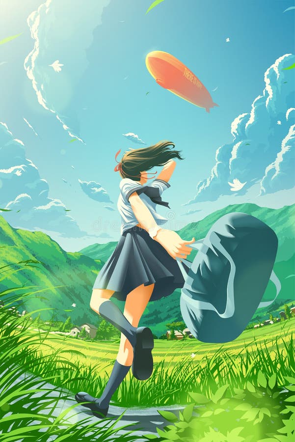 The Anime Style of a Japanese School Girl is Running Happily To Home in the  Countryside with a Zeppelin Flying in the Sky Stock Illustration -  Illustration of farmland, biplane: 258008514