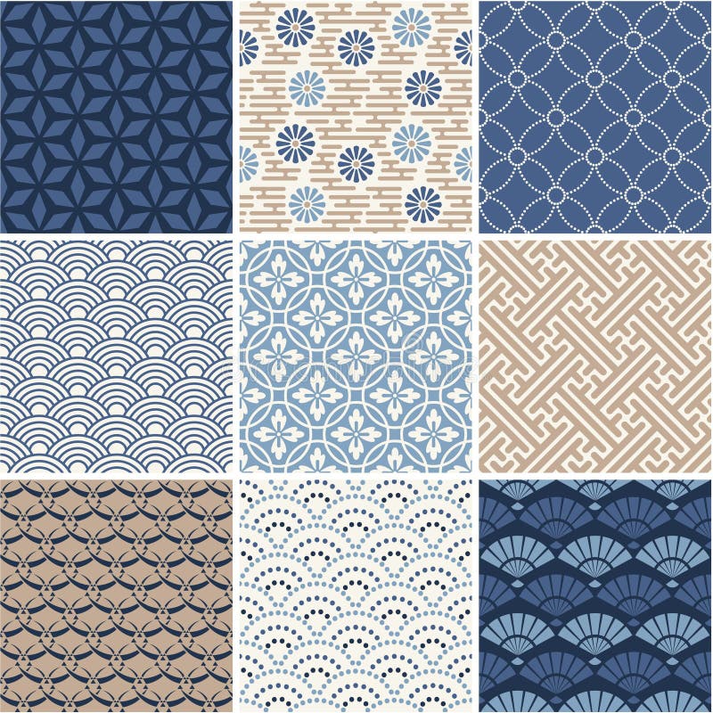 Japanese seamless patterns set stock illustration