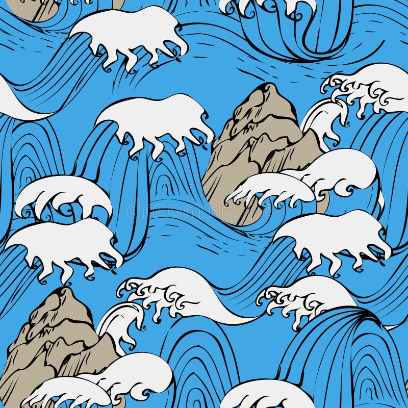 Japanese Ocean Wave Icons And Fish Illustrations. Stock Vector