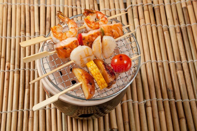 Japanese Skewered Seafoods Vegetables Stock Image Image of skewer