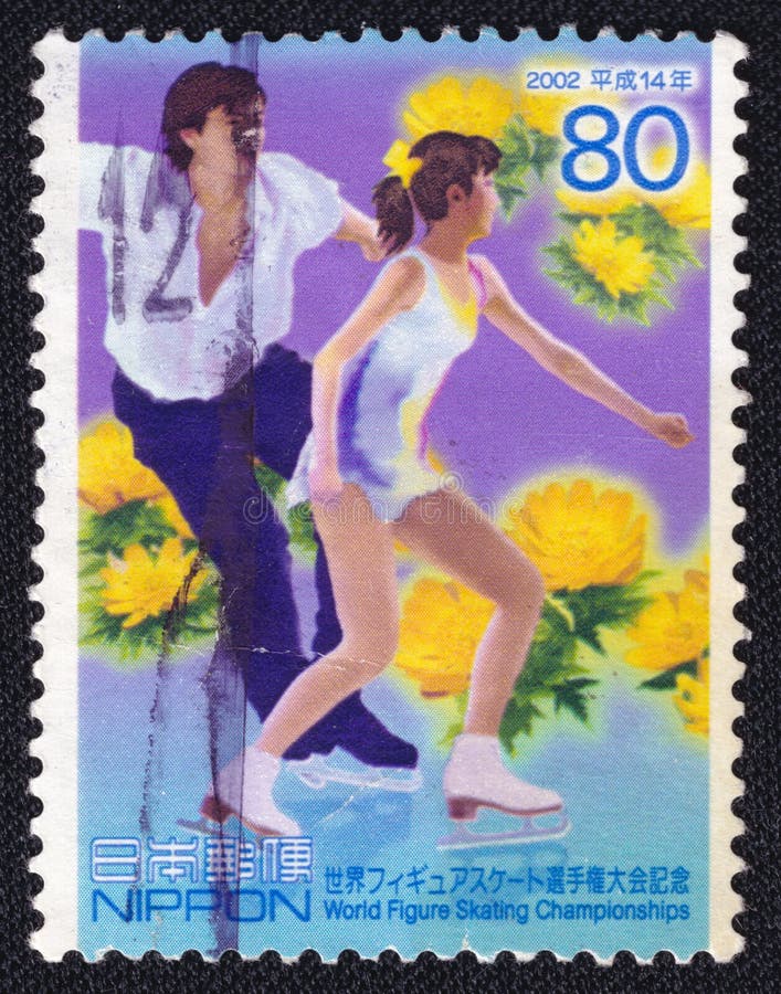 Japanese stamp from 2002 commemorating the World Figure Skating Championships, featuring a female figure skater in a dynamic pose. March 2025