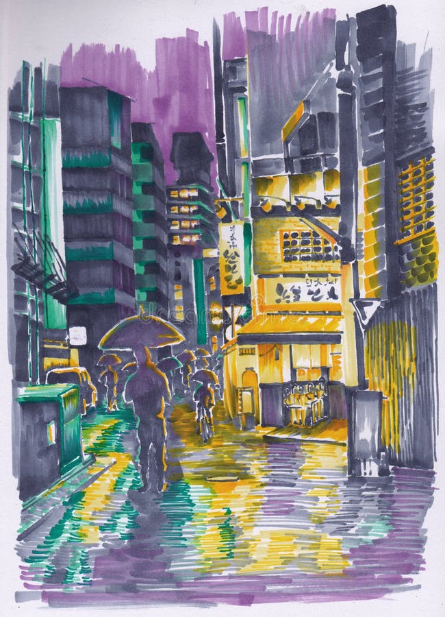 The Japanese Street in the Evening. Sketch. Stock Illustration ...