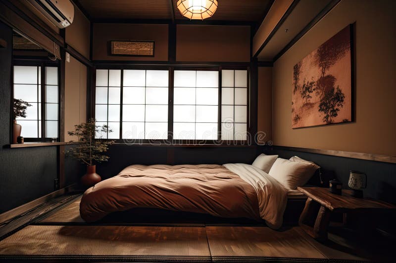 Japanese Style Bedroom, with Minimalist Design and Comfortable Bed Stock Illustration