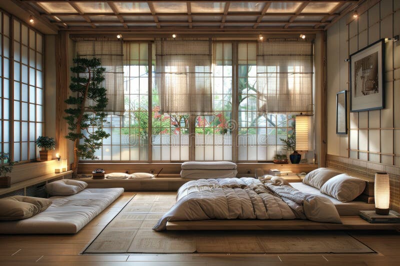 Japanese Style Decoration Interior Design of Bedroom. Stock Image