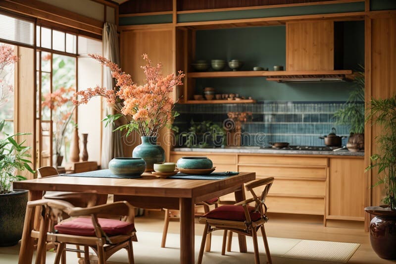 Japanese Style Kitchen Interiore Dishes Stock Illustration