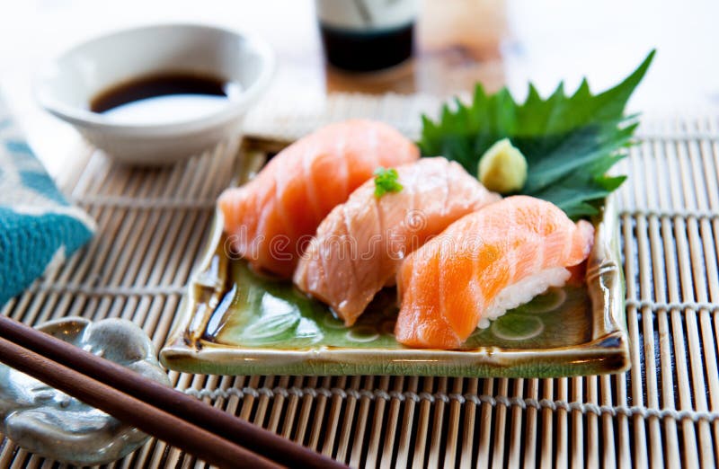 Japanese Style Salmon Sushi. Stock Photo Image of fresh, plate 130592630