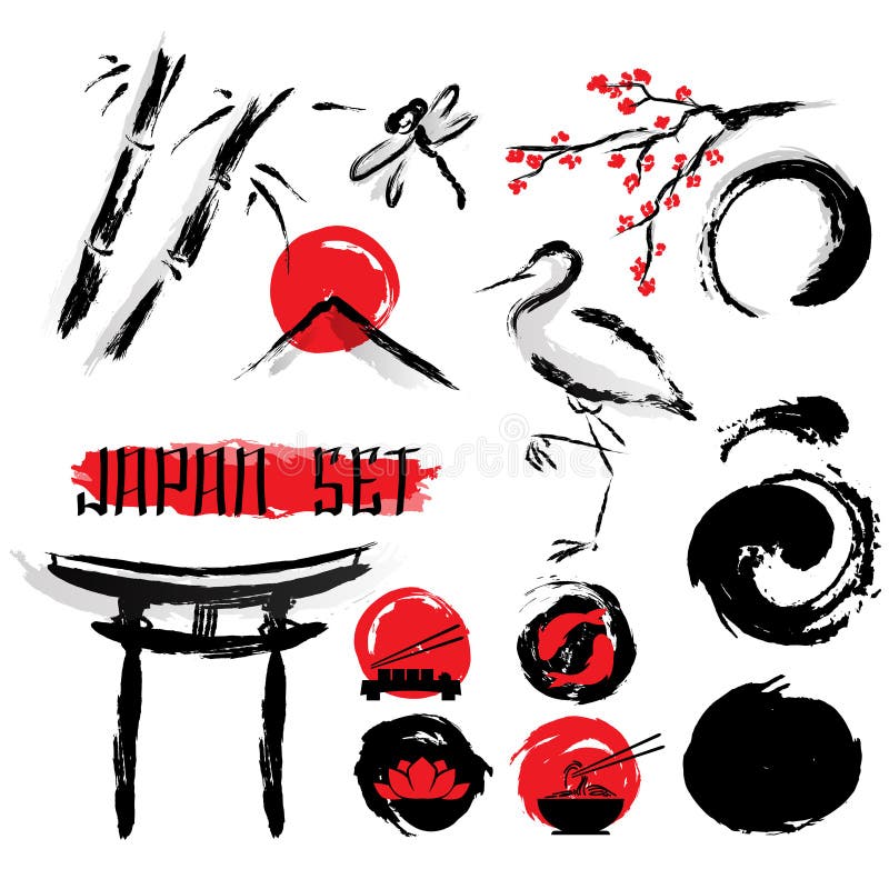 Japanese Sumie Ink Painting Icons Set