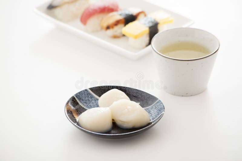 Japanese Sushi and Sashimi Scallop and Green Tea Stock Photo Image