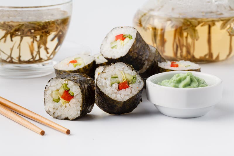 Japanese Sushi Set with Green Tea Ready To Serve Stock Image Image of