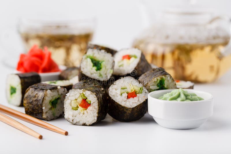 Japanese Sushi Set with Green Tea Ready To Serve Stock Photo Image of