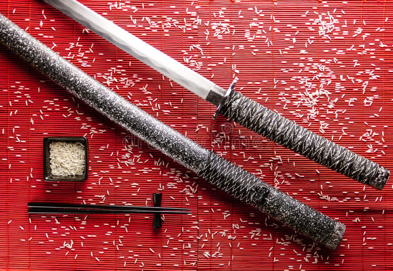 Japanese Sword on a Bamboo Mat Stock Image Image of blood, honor
