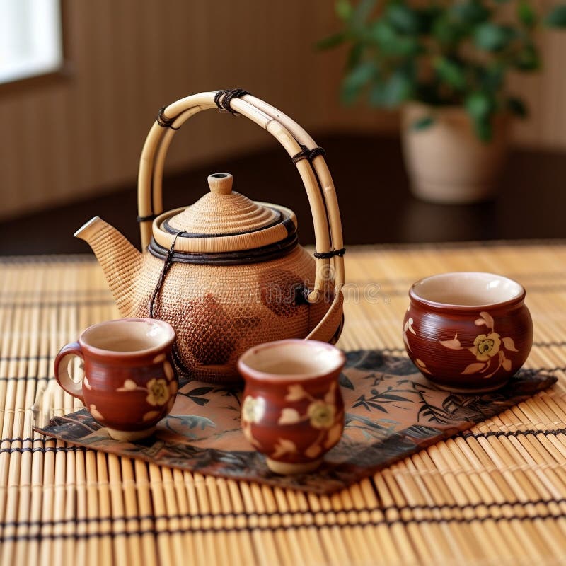 Japanese Tea Set Bamboo Background. Generative AI Stock Illustration