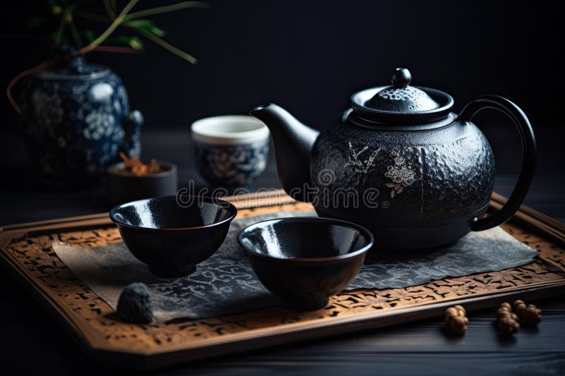 Asian tea set. Japanese teapot and cups on bamboo mat. generative