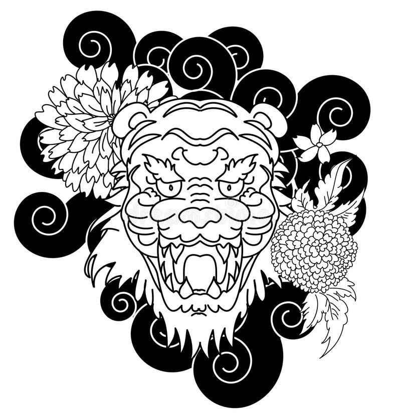 Japanese Tiger Vector  with Marigold Flower and Peony Flower on  Cloud. Stock Vector - Illustration of black, coloring: 135765053
