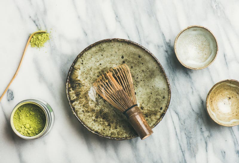 Japanese tools and bowls for brewing matcha tea, selective focus