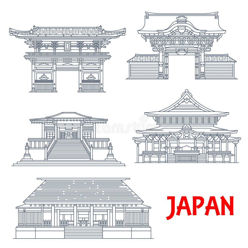 Japanese travel landmarks of Tokyo. Vector thin line buildings of Buddhism religion Temples Nishi Honganji, Zensho-an and Jokoji, Nogi Shrine and Gate of Shinto Nezu Shrine, Buddhist architecture. Japanese travel landmarks of Tokyo. Vector thin line buildings of Buddhism religion Temples Nishi Honganji, Zensho-an and Jokoji, Nogi Shrine and Gate of Shinto Nezu Shrine, Buddhist architecture