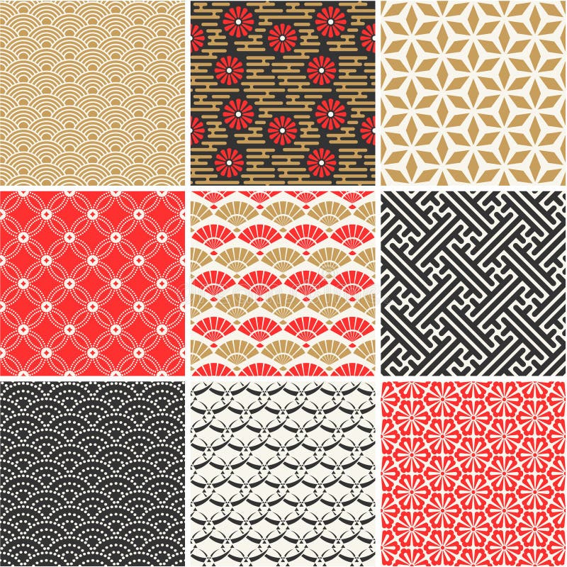 Japanese vector seamless patterns set stock illustration