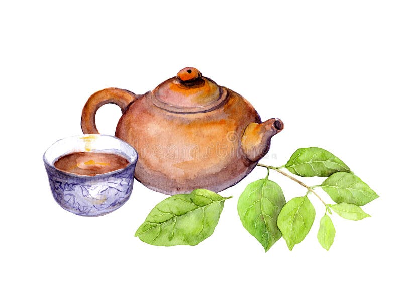 Japanese vintage teapot, tea cup and green leaves. Watercolor vector illustration Japanese vintage teapot, tea cup and green leaves. Watercolor vector illustration