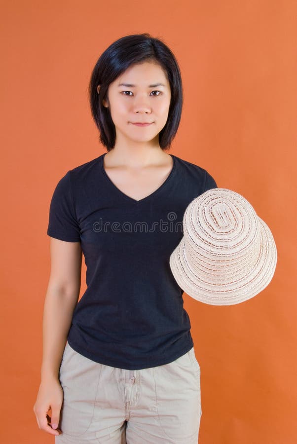 Japanese Woman with Straw Hat Stock Image Image of cheerful, beauty