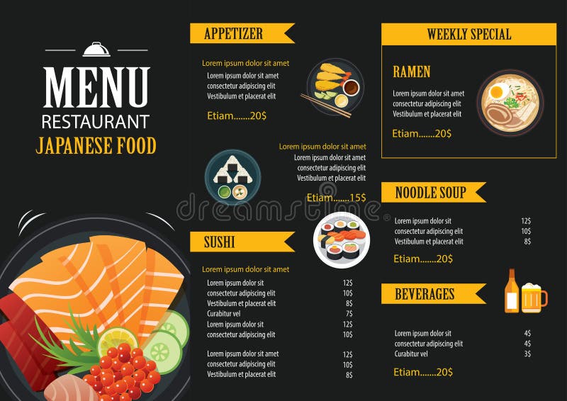 Vector japanese food menu restaurant brochure design template. Vector japanese food menu restaurant brochure design template