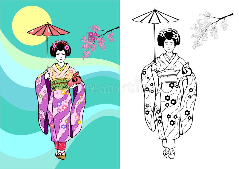 Japanisches Mädchen, Geisha mit Regenschirm lizenzfreie abbildung Japanisches Mädchen, Geisha mit Regenschirm lizenzfreie abbildung