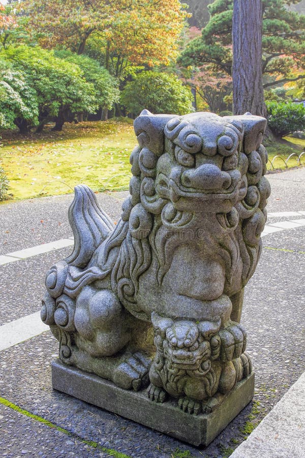 Japanese Komainu Female Foo Dog Temple Guardian Granite Statue. Japanese Komainu Female Foo Dog Temple Guardian Granite Statue