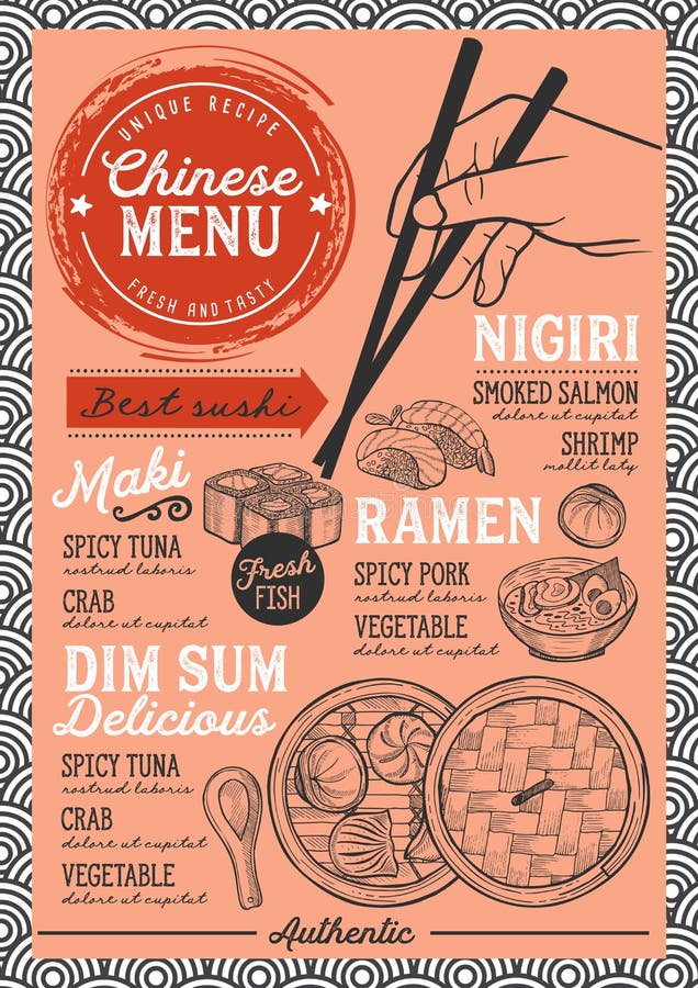 Japans menurestaurant, het malplaatje van het sushivoedsel stock illustratie Japans menurestaurant, het malplaatje van het sushivoedsel stock illustratie