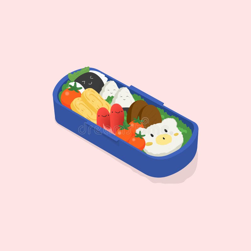 Japanse lunchdoos, bento Grappig beeldverhaalvoedsel Isometrische kleurrijke vectorillustratie op roze achtergrond vector illustratie Japanse lunchdoos, bento Grappig beeldverhaalvoedsel Isometrische kleurrijke vectorillustratie op roze achtergrond vector illustratie