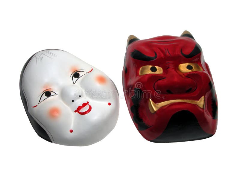 Two Japanese masks isolated over white background with clipping path. Two Japanese masks isolated over white background with clipping path