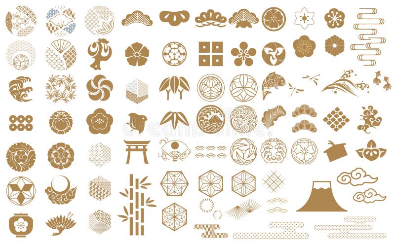 Japanse pictogramvector. geometrisch logo en symboolelementen. gouddecoratie in vintage. fuji bergkersbloem