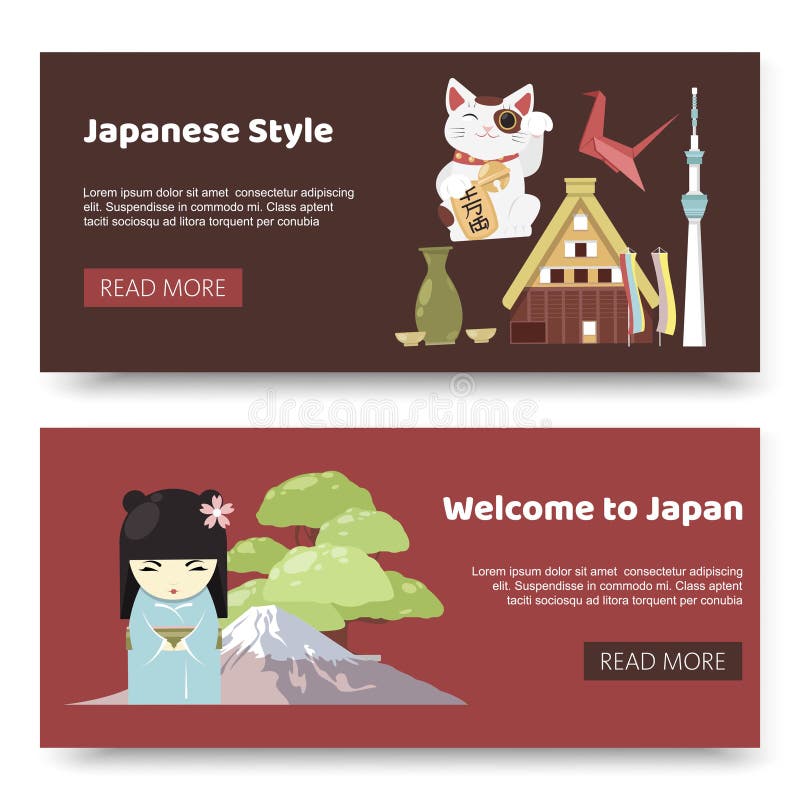 Japanse stijlvoorwerpen, herinneringen, toebehorenreeks van banners vectorillustratie De traditionele symbolen van Japan zoals ka vector illustratie Japanse stijlvoorwerpen, herinneringen, toebehorenreeks van banners vectorillustratie De traditionele symbolen van Japan zoals ka vector illustratie