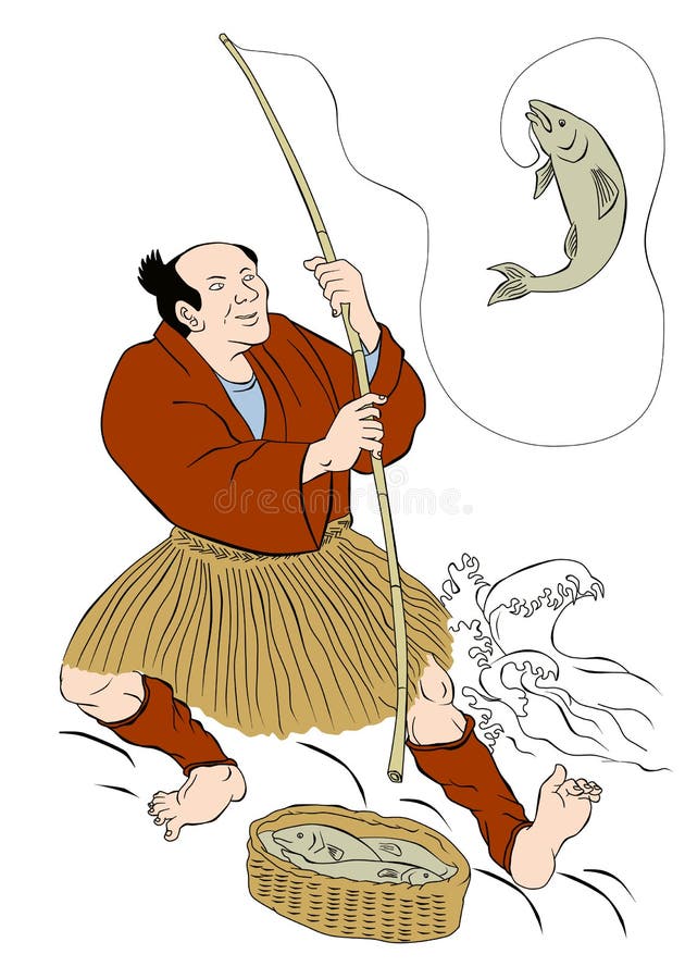 Japanse visser die vangend forelvissen vist royalty-vrije illustratie Japanse visser die vangend forelvissen vist royalty-vrije illustratie