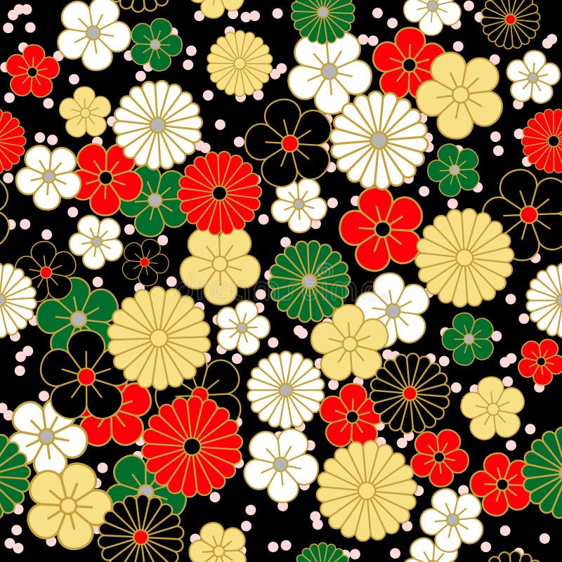 Japansk tappningblommamodell på svart bakgrund vektor illustrationer Japansk tappningblommamodell på svart bakgrund vektor illustrationer