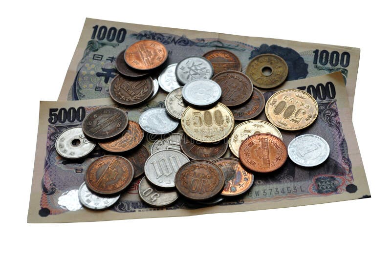 An isolated picture of Japanese paper and coin money or yen. An isolated picture of Japanese paper and coin money or yen