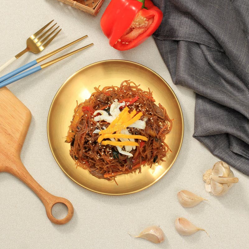 Japchae, Stir Fry Korean Glass Noodle Stock Image - Image of mushroom