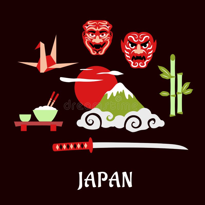 Japonia podróży płaski pojęcie z kulturalnymi symbolami royalty ilustracja Japonia podróży płaski pojęcie z kulturalnymi symbolami royalty ilustracja
