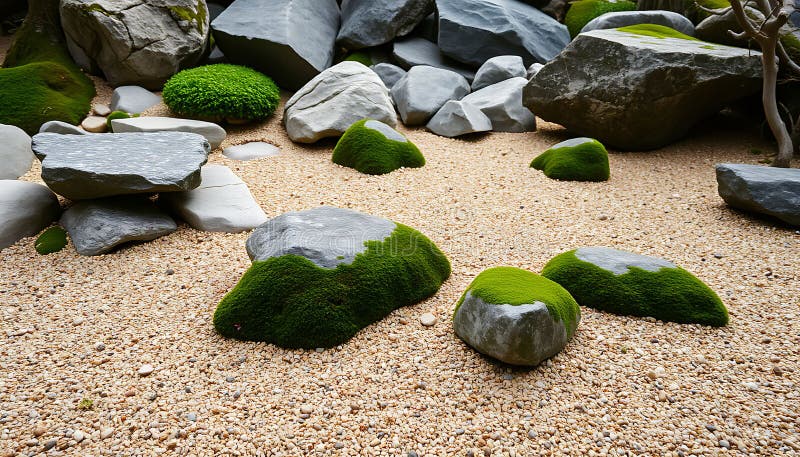 Japoński ogród skalny zen krajobraz pokojowe kamienie i minimalistyczna natura Zapas Fotogenetyczny AI ilustracja wektor
