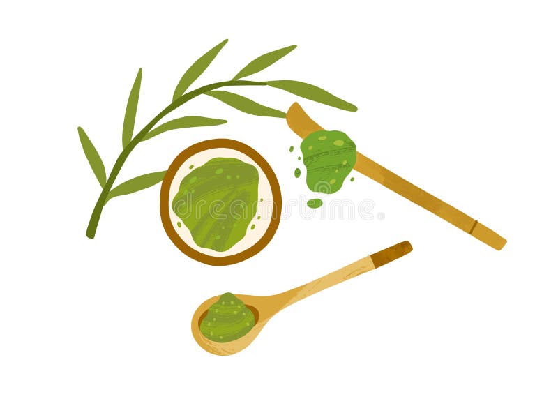 Japoński zielony matcha proszek w miseczce z liśćmi i drewnianą łyżką i patykiem. naturalny składnik organiczny. azjat wegański ilustracja wektor