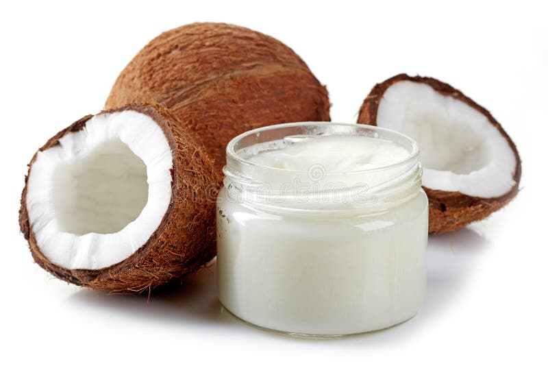 Jar kokosový olej a čerstvé kokosové izolované na bielom.