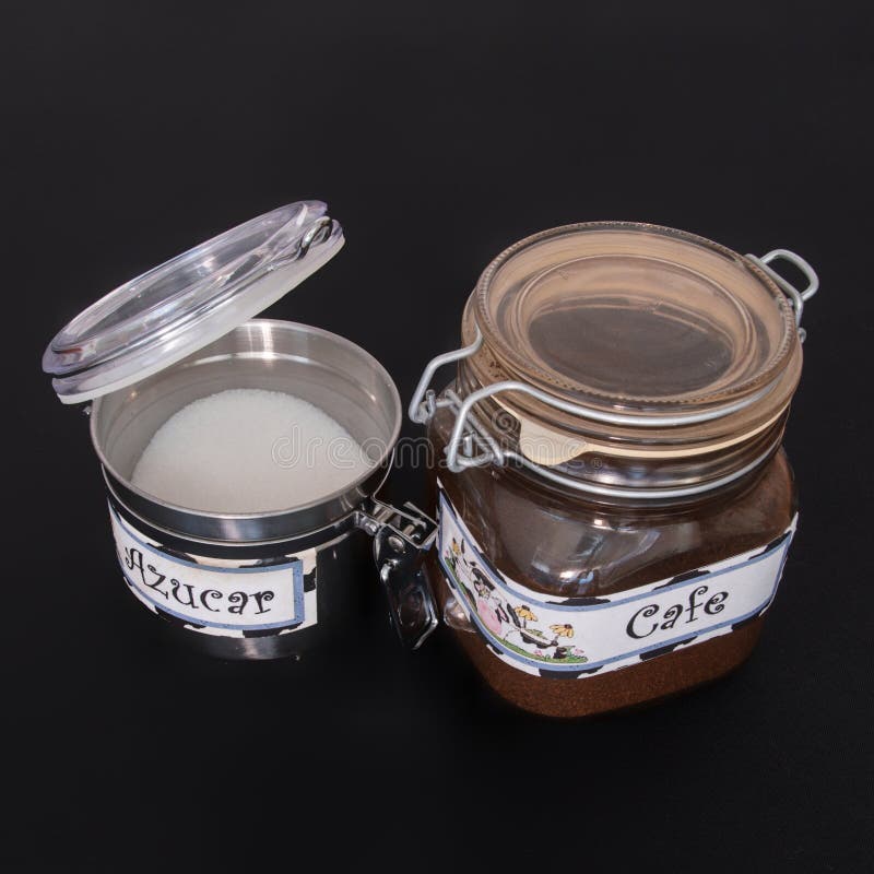 A Jar of Coffee and a Sugar Pot with Personalized Stickers Stock Image