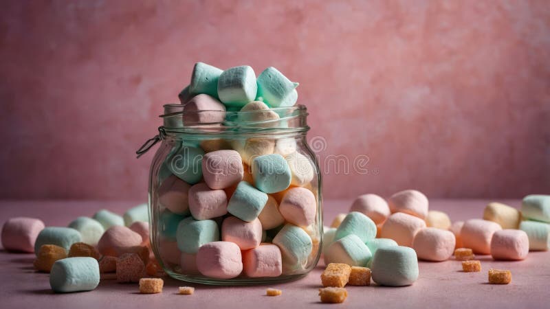 A Jar Filled with Pastel-colored Marshmallows on a Soft Pink Background ...