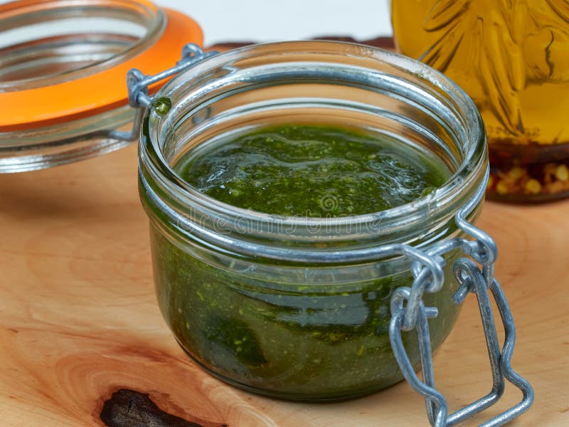 A Jar of Freshly Made Mint Pesto Stock Photo Image of flavor, cooking