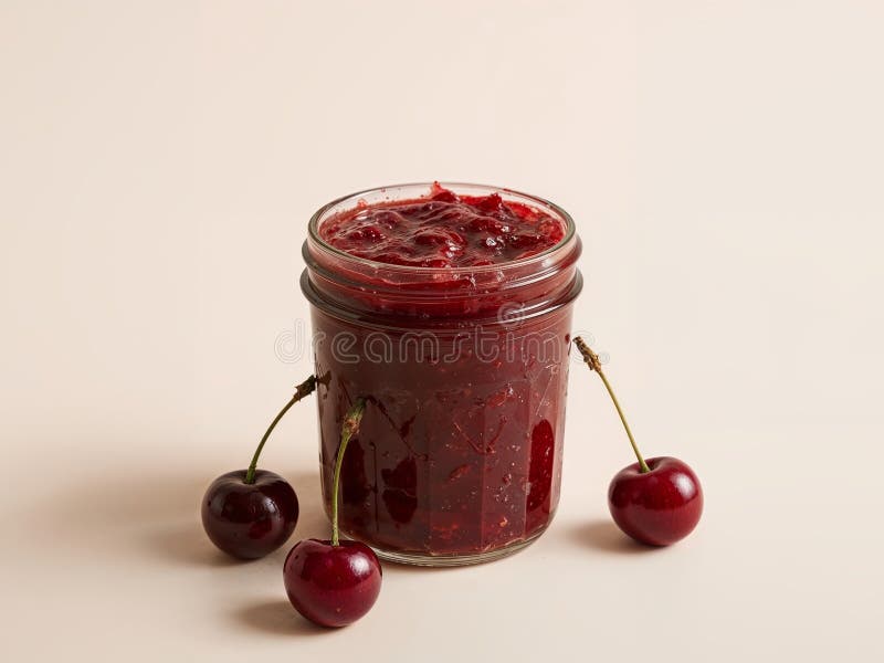 Jar hausgemachter Kirschmarmelade umgeben von frischen Kirschen auf neutralem Hintergrund lizenzfreie stockbilder