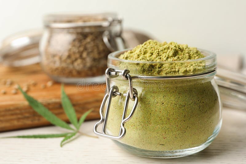 Jar of Hemp Protein Powder on Light Table Stock Photo Image of