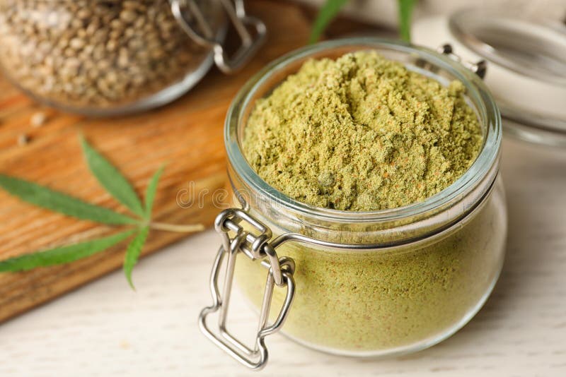 Jar of Hemp Protein Powder on Light Table, Closeup Stock Image Image