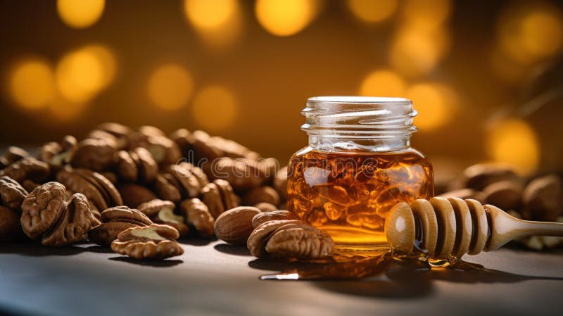 A jar of honey and nuts on a table with some light shining through AI generated